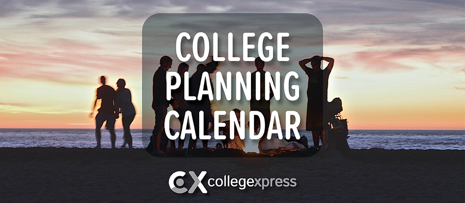 Silhouetted people by a bonfire on the beach with College Planning Calendar logo