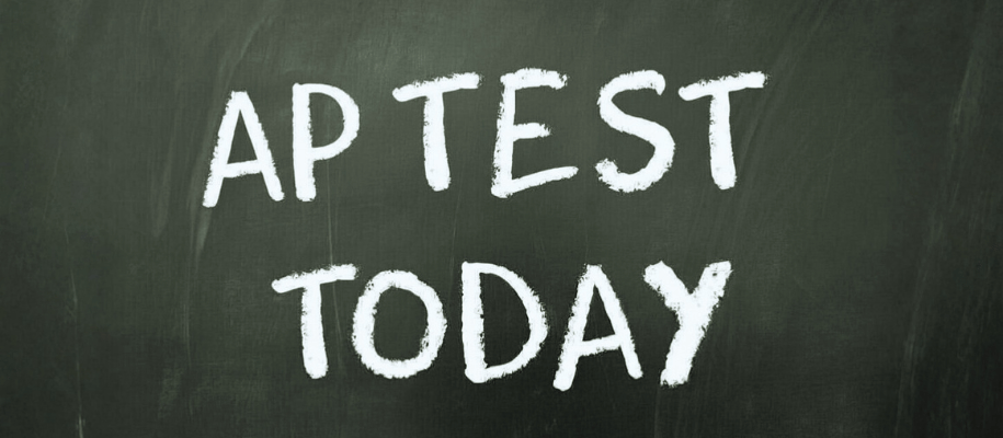 Chalkboard with "AP Test Today" written out