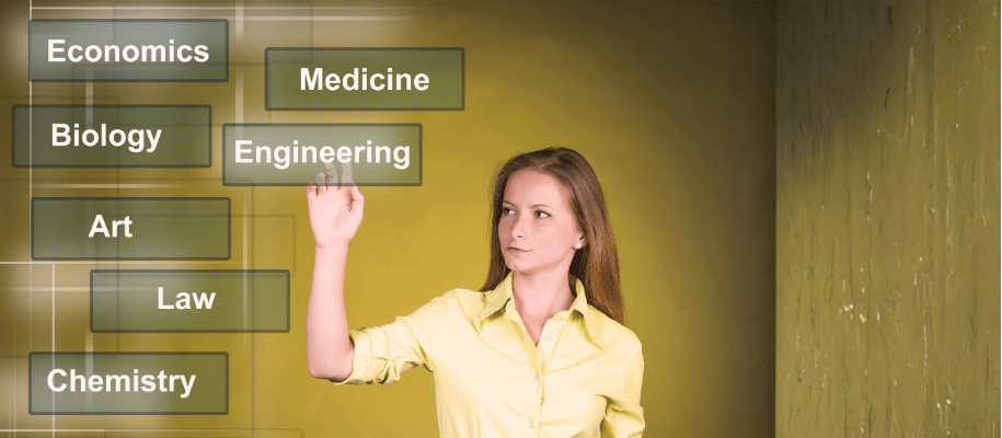 Female student with various career buttons listed in front of her