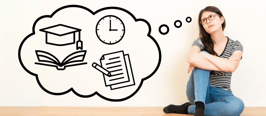 Student sitting on the floor with think bubble depicting college, time, letter