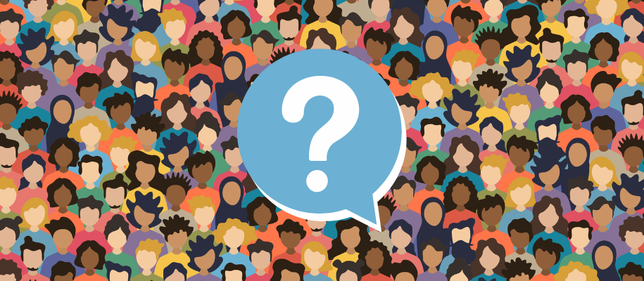 Vector art of faceless diverse people with question mark in speech bubble over