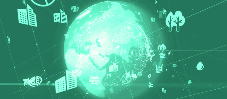 Digital green globe with icons indicating sustainability and infrastructure