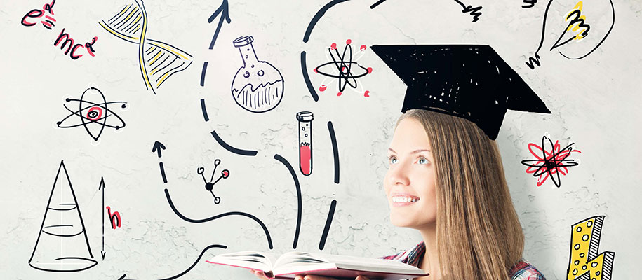 Blonde female with cartoon graduation cap and science illustrations around her