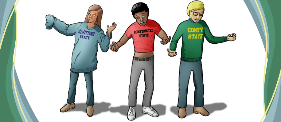 Three cartoon students wearing various sized fake university shirts