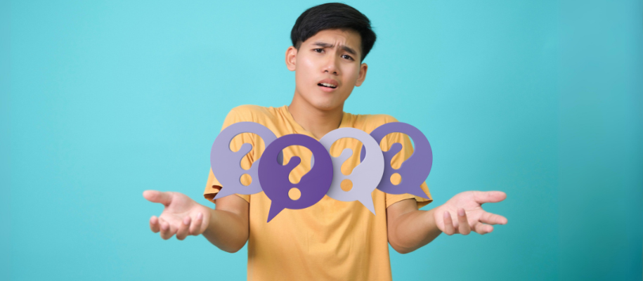 Asian man in yellow shirt, shrugging with four purple question bubbles