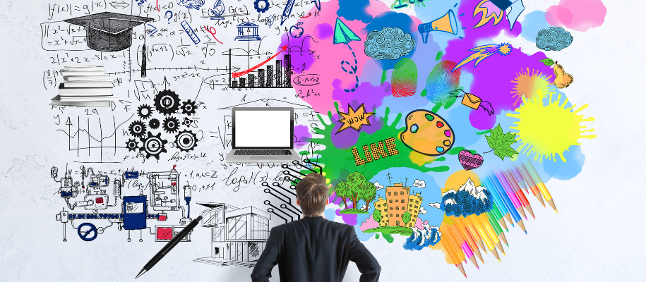 Male with back turned, staring at collage of academic symbols & colorful artwork