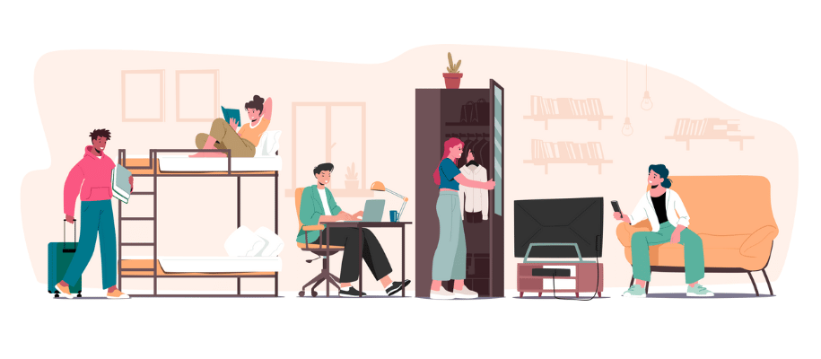 Illustration of students in a dorm setting with bunkbeds, desk, closet, and sofa