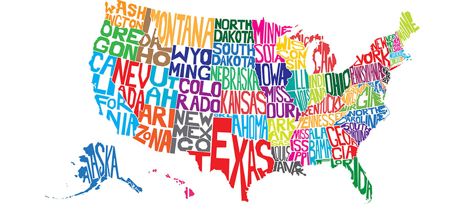 United States map with each state made of colorful letters spelling state name