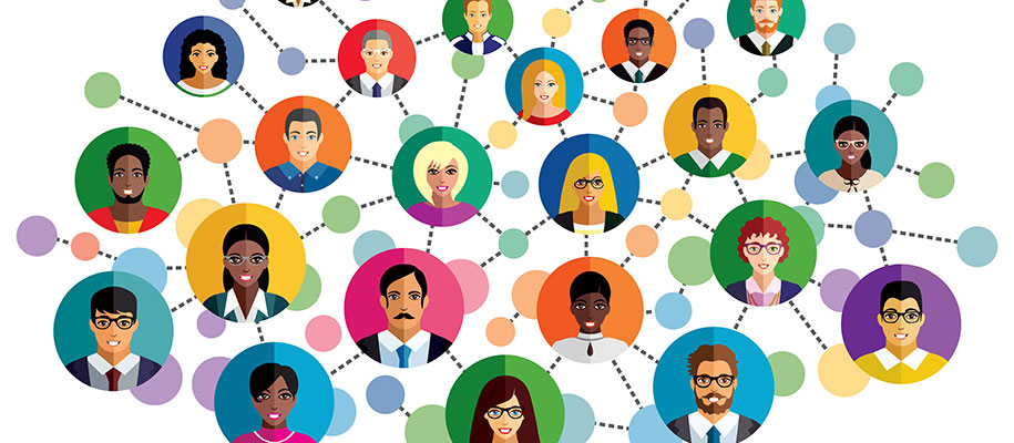 Vector image of diverse people's headshots in colored bubbles connected by lines