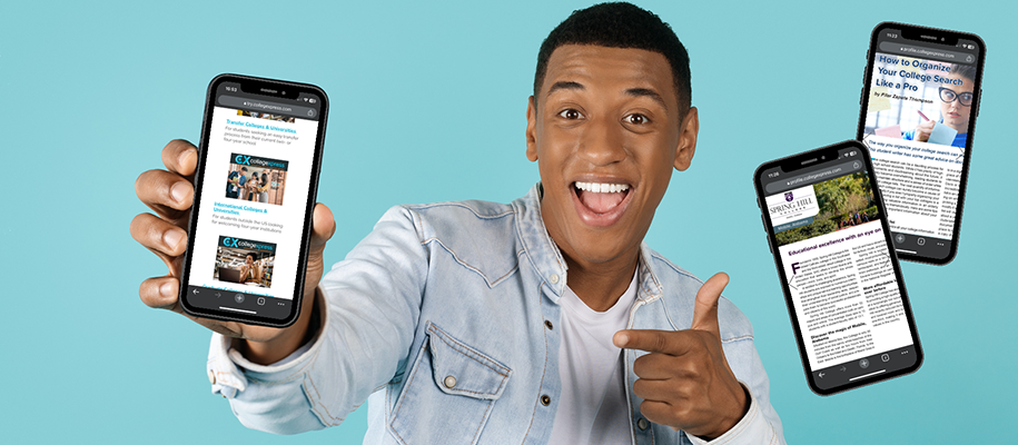 Black man holding and pointing at phone, cell phones with digital magazine pages