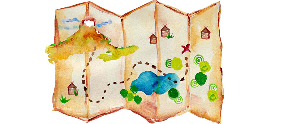 Watercolor treasure hunt map with pond, buildings, trees, trail, and X mark