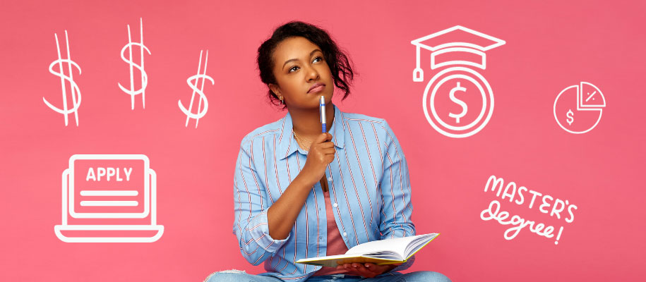 Black female with notebook & pen thinking, money-related icons floating around