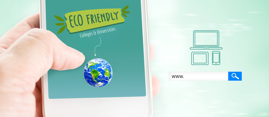 White hand holding phone reading Eco Friendly Colleges with Earth, search bar