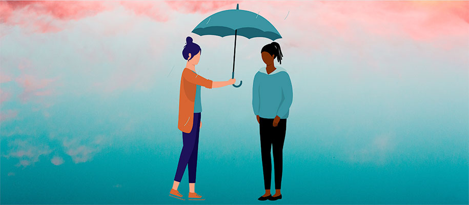 Vector image of two women in rain, one holding umbrella, against pink & blue sky