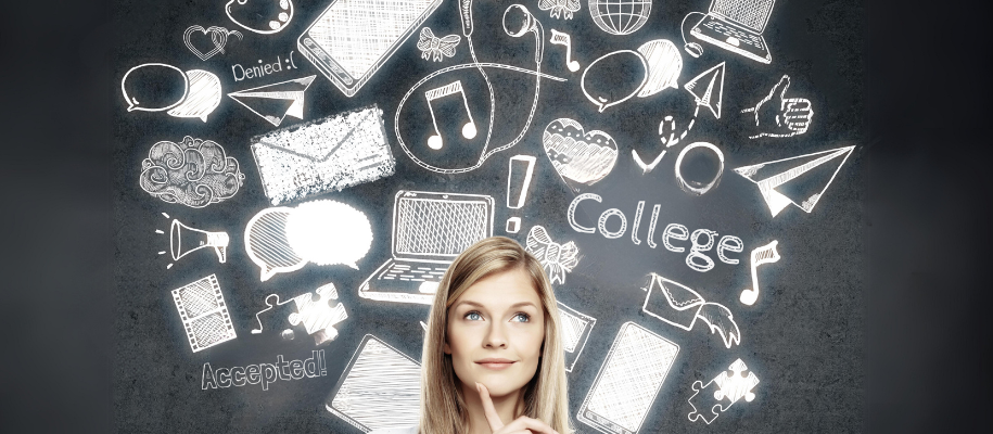 Contemplative White blonde by chalkboard social media icons and college terms