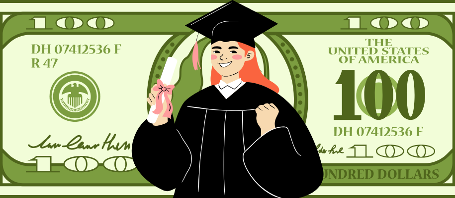 Cartoon of redhead female graduate in cap & gown with diploma against $100 bill