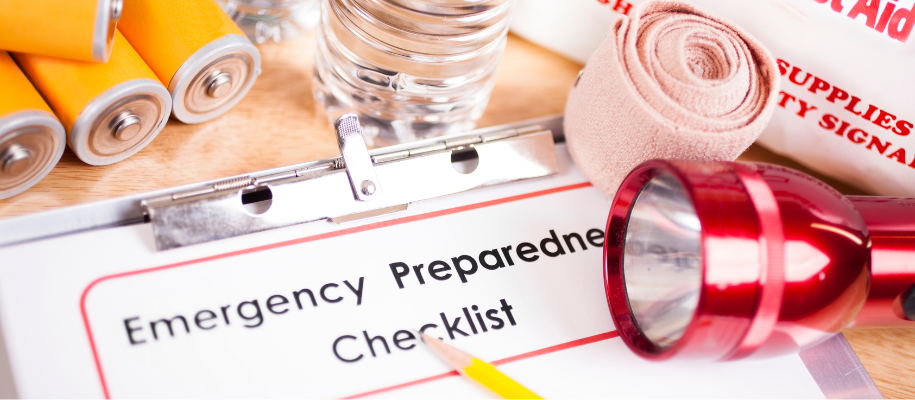 Emergency Preparedness Checklist with flashlight, batteries, First Aid kit, tape