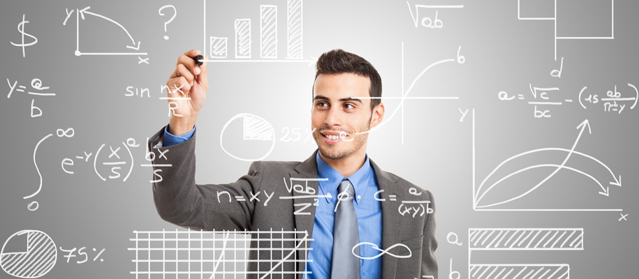 Young White man in business suit, facing camera, drawing math formulas on screen
