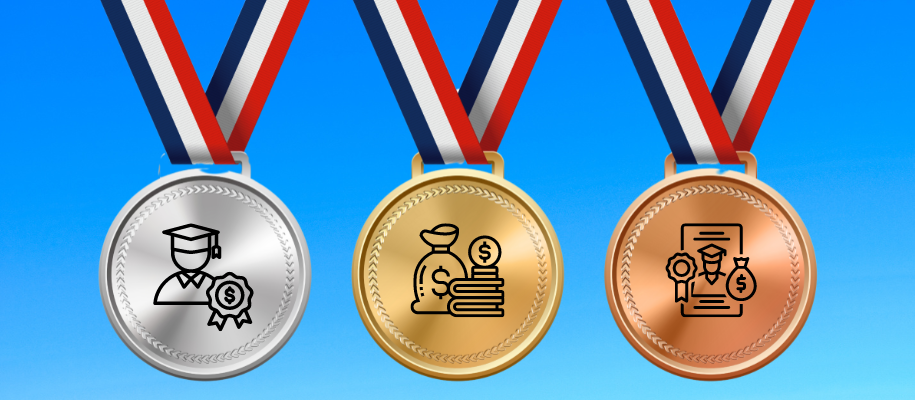 Gold, silver, and bronze medals with scholarship-related graphics on them