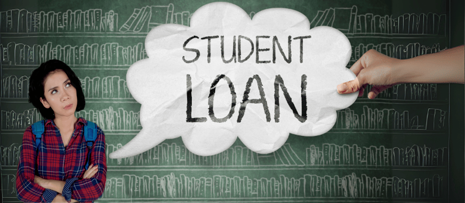 Student with arms crossed looking at thought bubble that reads, Student Loan