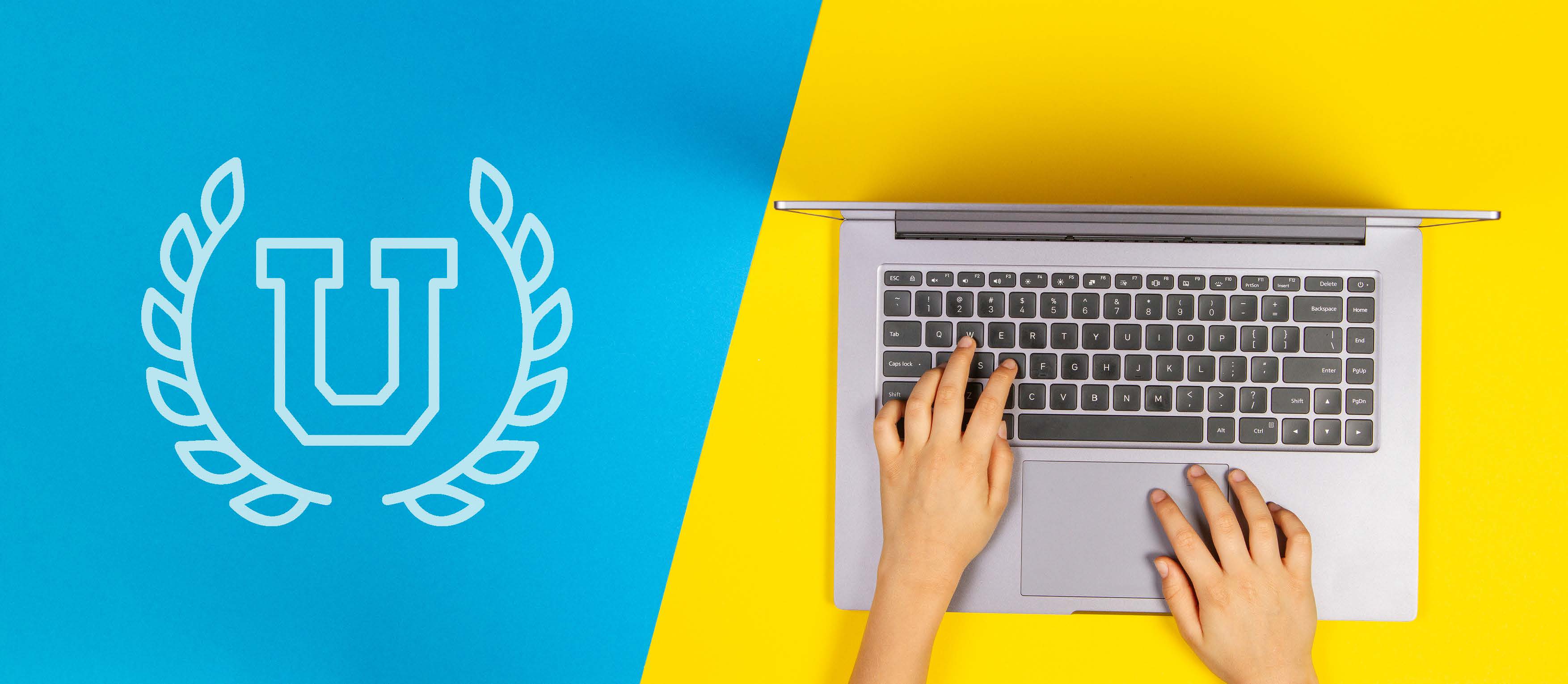 Generic University logo and laptop, hands typing on split blue, yellow backdrop