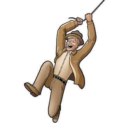 Cartoon of man in adventure outfit swinging on vine from Dr. Jones Adventure