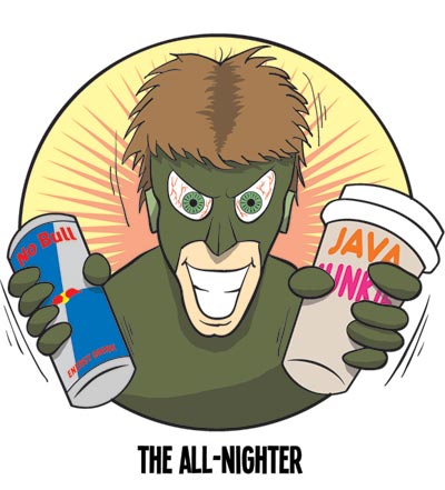 The All Nighter, in green mask and costume with energy drink and coffee