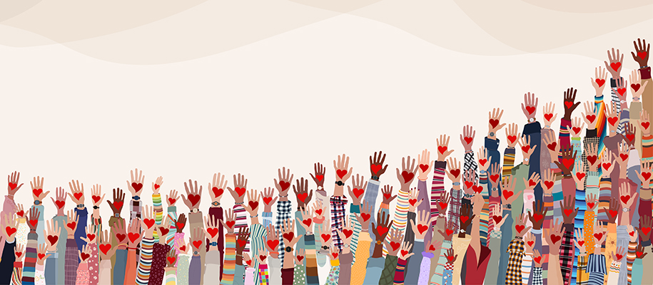Digital art of diverse crowd of arms raised with hearts of each hand palm