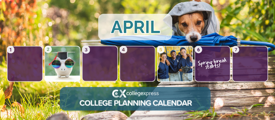 April College Planning Calendar squares w/ piggy bank, student athletes, CX logo