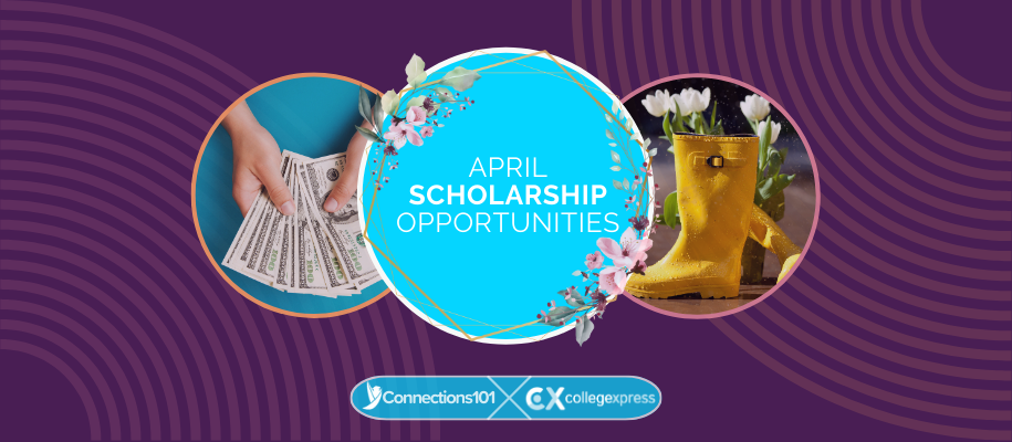 Circles with money, boots, flowers, April scholarship opportunities