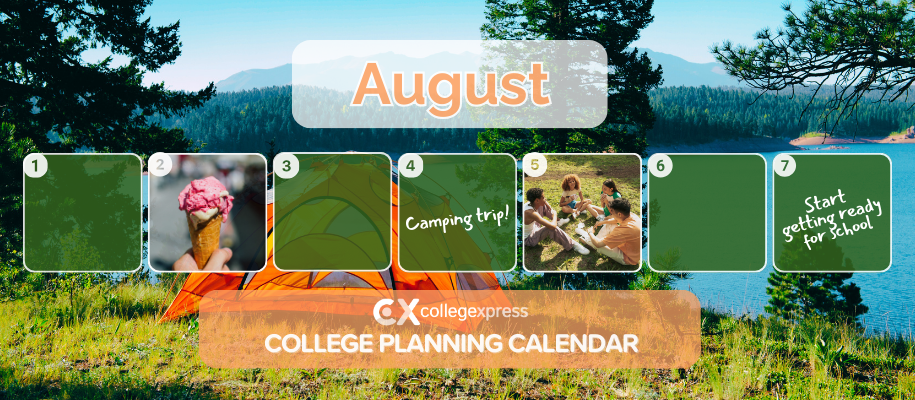 Calendar with images of camping tent, ice cream, friends playing cards outside