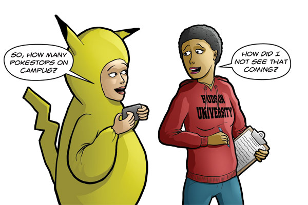 Cartoon of person in Pikachu costume asking about Pokemon Go Stops on campus