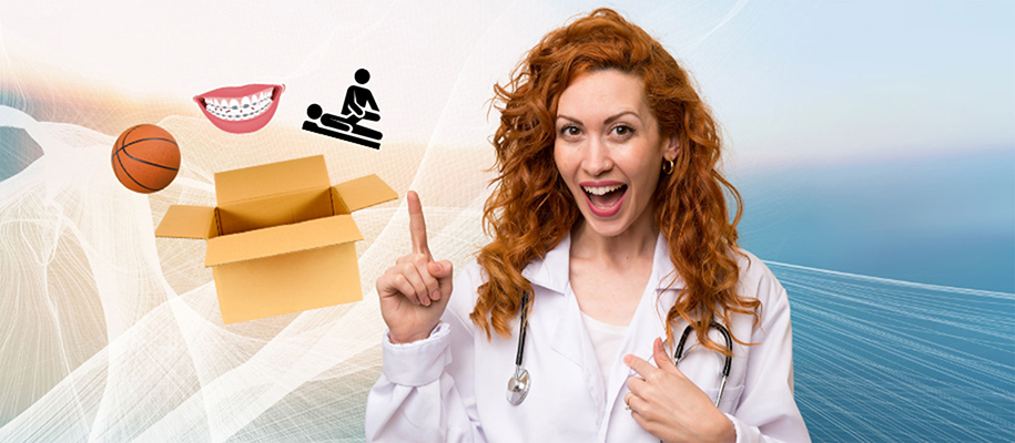 Female doctor pointing at box with basketball, braces, physical therapy icons