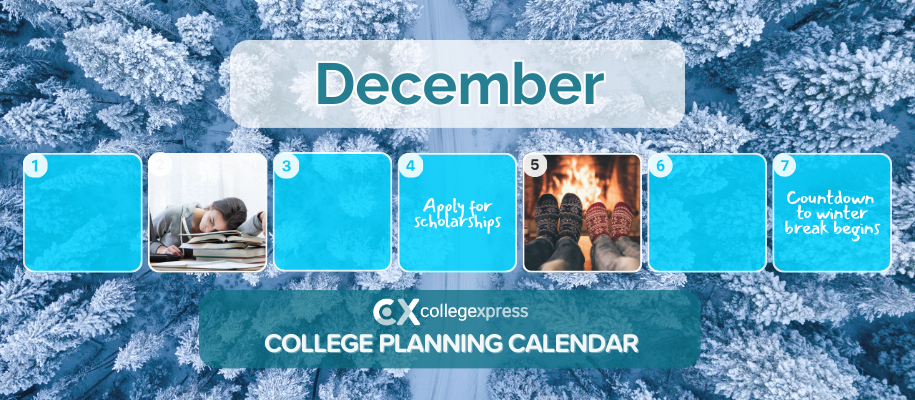 College planning calendar with pics of sleepy student, feet by fire, CX logo