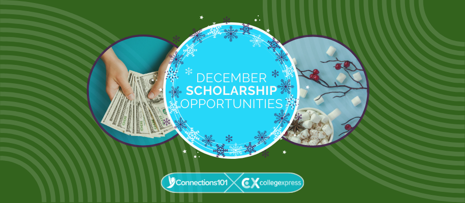 Circles with money, cocoa, branch, snowflake, December scholarship opportunities