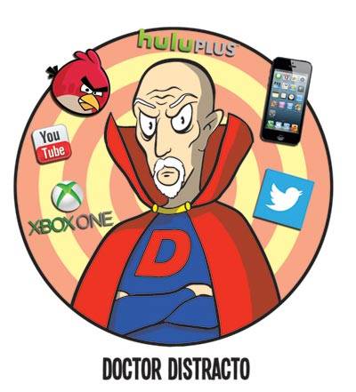 Dr. Distracto, bald man in blue and red costume and cape with dated social logos