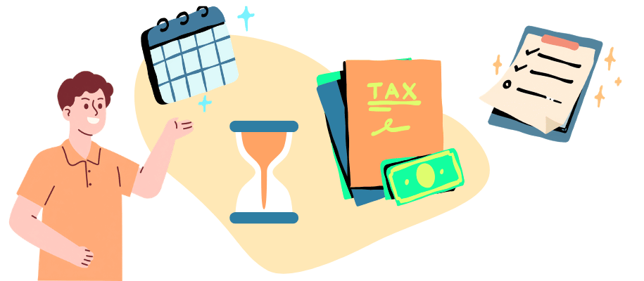 Illustrative collage of a student, calendar, hourglass, tases, and checklin