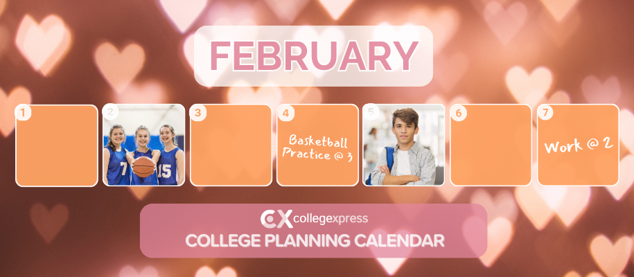 February CPC logo with light hearts, girls playing basketball, school calendar