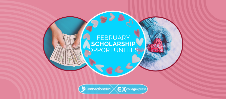 Circles with money, hands with heart, February scholarship opportunities