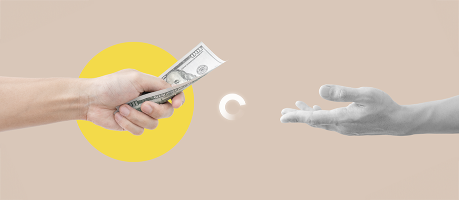 White hand holding $100 in color, loading icon, hand in greyscale reaching back