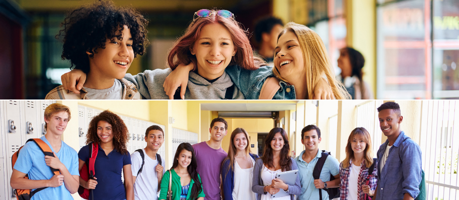 Three freshmen with arms around shoulders, and group of high school seniors