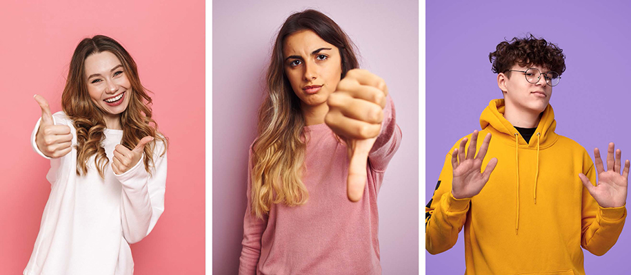 Two women and a man on colorful back drops giving thumbs up, down, and hands up
