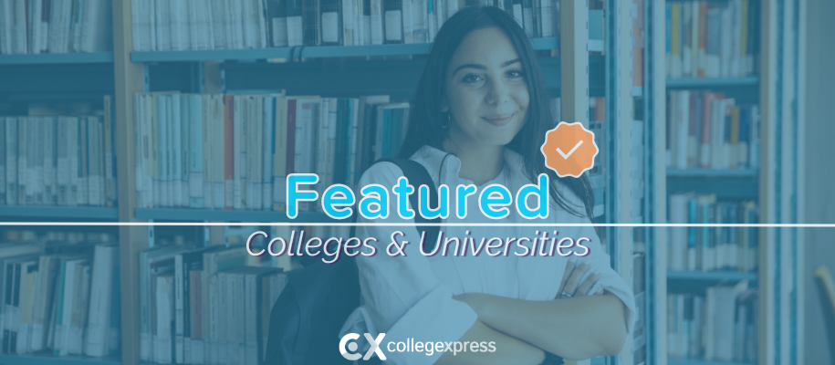 Woman in white shirt, backpack, arms crossed in library, featured schools logo