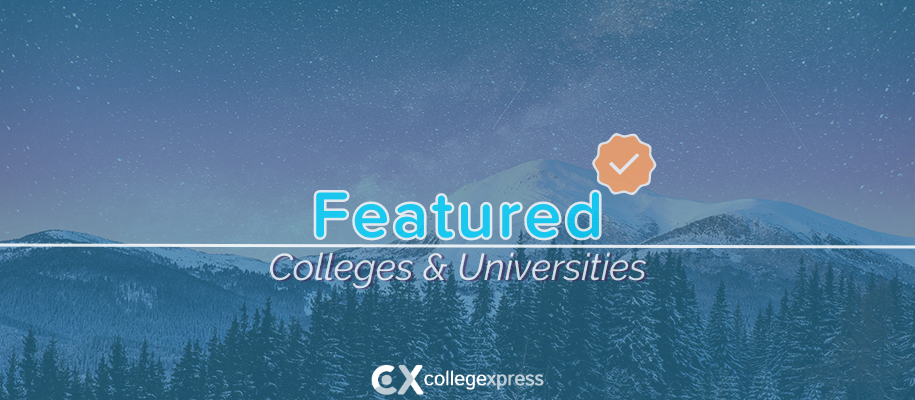 Snowy and tree-filled mountains, purple starry night sky, featured schools logo