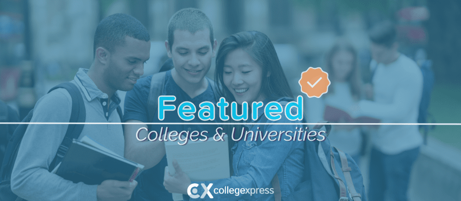 3 diverse students look at paper together on campus, featured schools logo