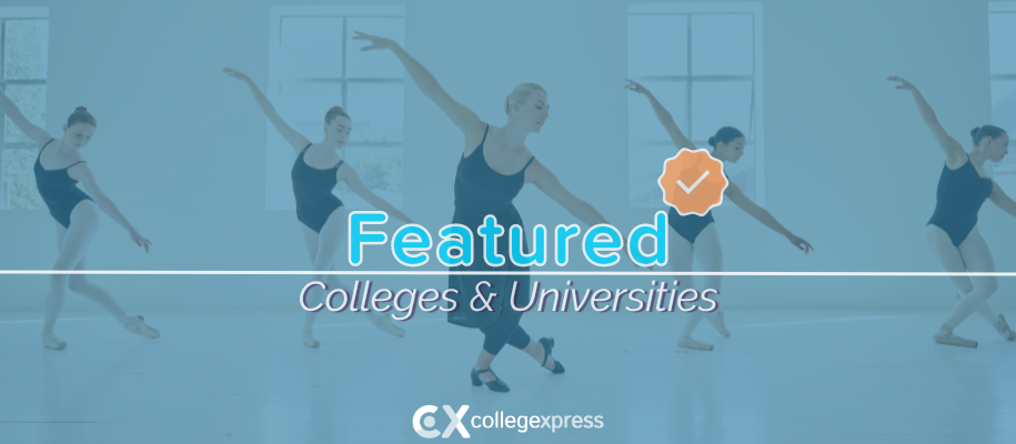 Four female ballerinas rehearsing in class with teacher, featured school logo