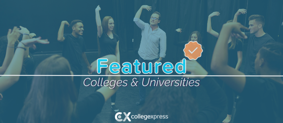 Diverse students do performance exercises with professor, featured students logo