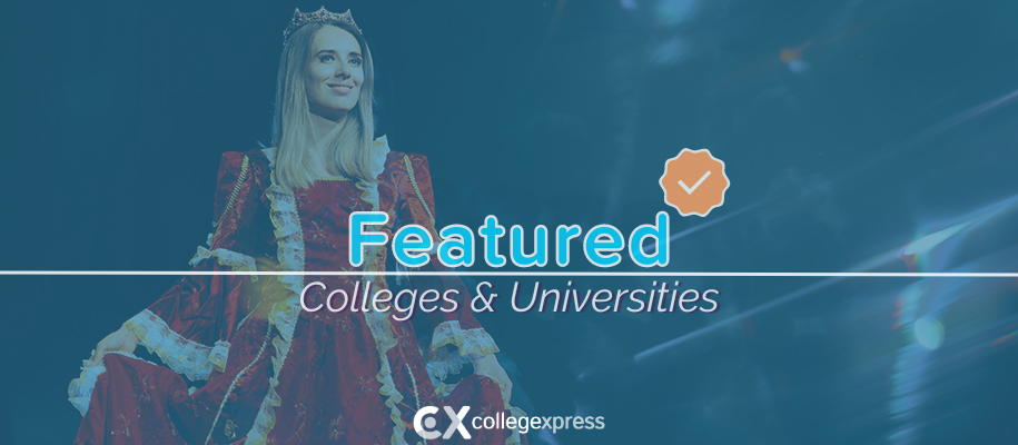 White woman in crown, red historical dress on stage, featured schools logo