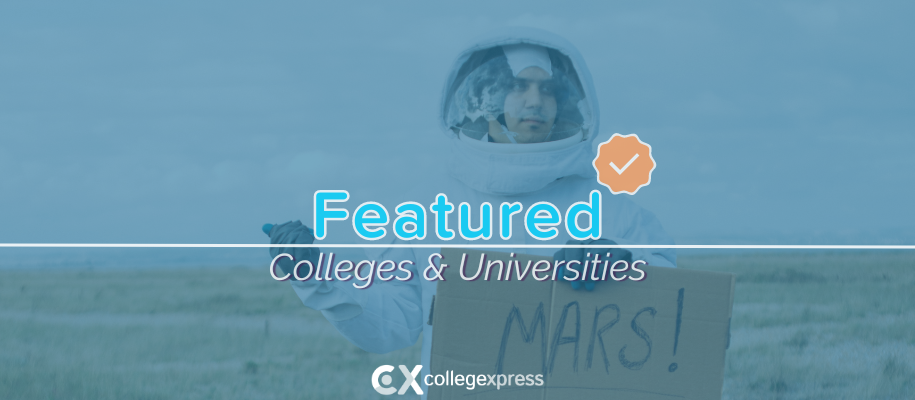 White man astronaut hitchhikes with cardboard sign "Mars", featured schools logo