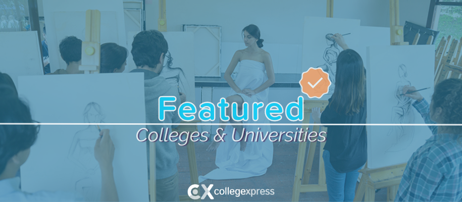 Art class at easels draw live model in draped white dress, featured schools logo